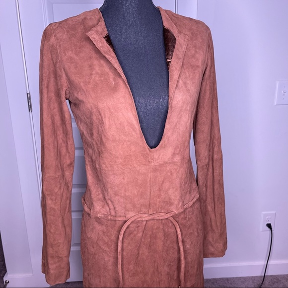 100% Leather Suede Plunge Neck Brown Dress by Guillame - Picture 7 of 7